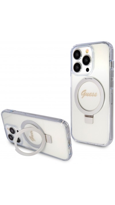 iPhone 15 Pro Max Case Hülle - Guess starres Glitzergel mit abnehmbarem MagSafe-Haltering und goldenem Logo - Transparent