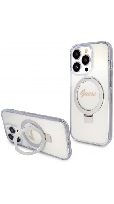 Coque iPhone 15 Pro - Guess gel rigide pailleté avec anneau support MagSafe amovible et logo doré - Transparent