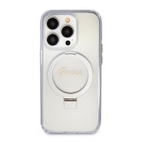 Coque iPhone 15 Pro Max - Guess gel rigide pailleté avec anneau support MagSafe amovible et logo doré - Transparent