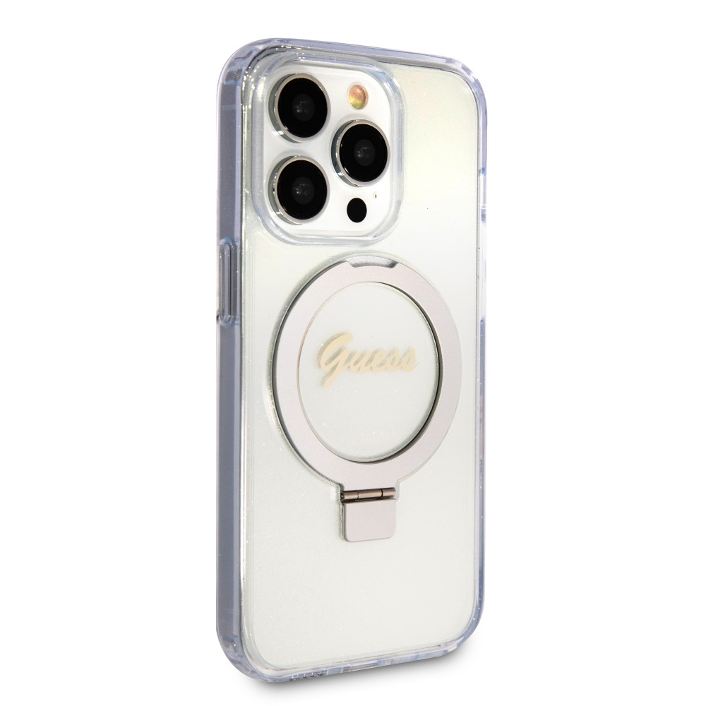 iPhone 15 Pro Case Hülle - Guess starres Glitzergel mit abnehmbarem MagSafe-Haltering und goldenem Logo - Transparent