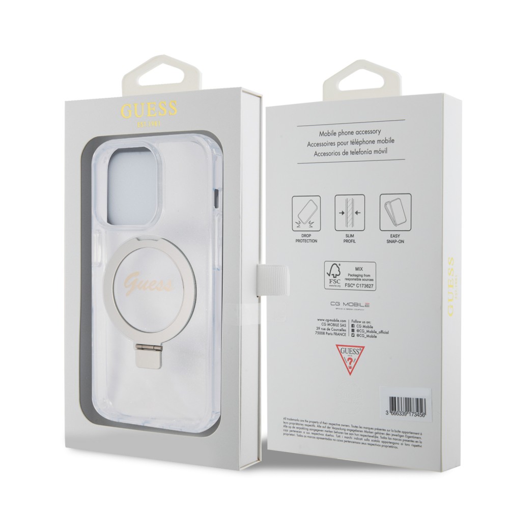 Coque iPhone 15 Pro Max - Guess gel rigide pailleté avec anneau support MagSafe amovible et logo doré - Transparent