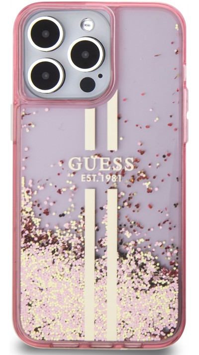 Coque iPhone 15 Pro Max - Guess gel rigide paillettes liquides or et argent avec logo doré - Rose