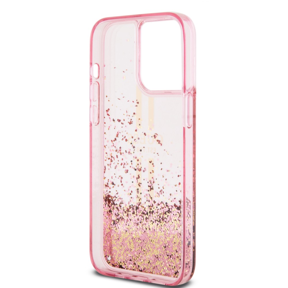 Coque iPhone 15 Pro Max - Guess gel rigide paillettes liquides or et argent avec logo doré - Rose