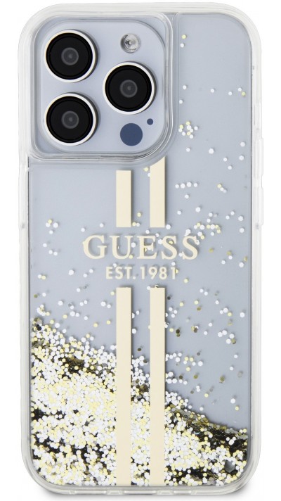 Coque iPhone 15 Pro - Guess gel rigide paillettes liquides or et argent avec logo doré - Transparent
