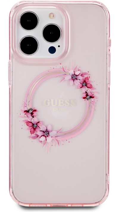 Coque iPhone 15 Pro Max - Guess gel rigide transparent avec MagSafe fleurs et logo doré - Rose