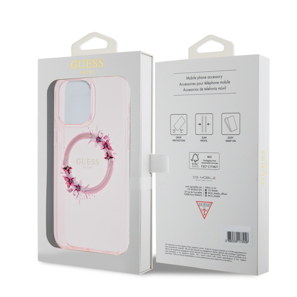 Coque iPhone 15 Pro Max - Guess gel rigide transparent avec MagSafe fleurs et logo doré - Rose