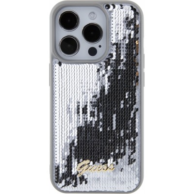 Coque iPhone 15 Pro - Guess paillettes réversibles anti-stress avec logo métallique doré - Argent