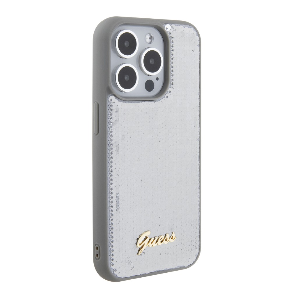 Coque iPhone 15 Pro Max - Guess paillettes réversibles anti-stress avec logo métallique doré - Argent