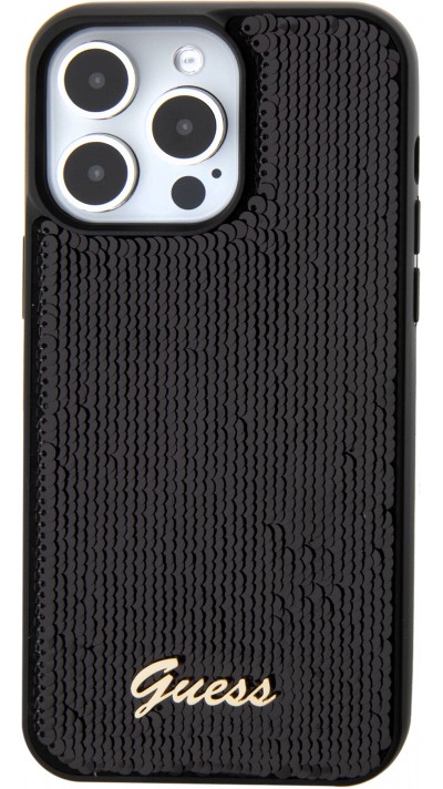 Coque iPhone 15 Pro Max - Guess paillettes réversibles anti-stress avec logo métallique doré - Noir