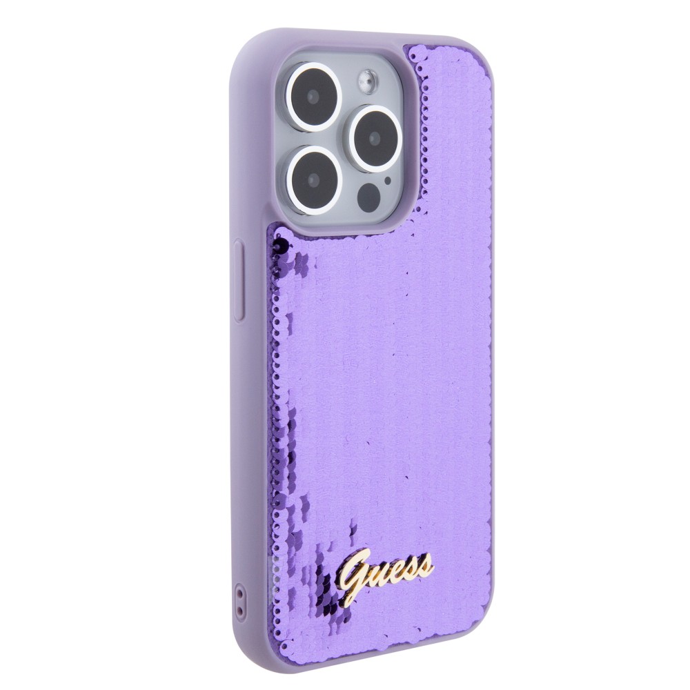 Coque iPhone 15 Pro - Guess paillettes réversibles anti-stress avec logo métallique doré - Violet