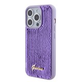 Coque iPhone 15 Pro - Guess paillettes réversibles anti-stress avec logo métallique doré - Violet