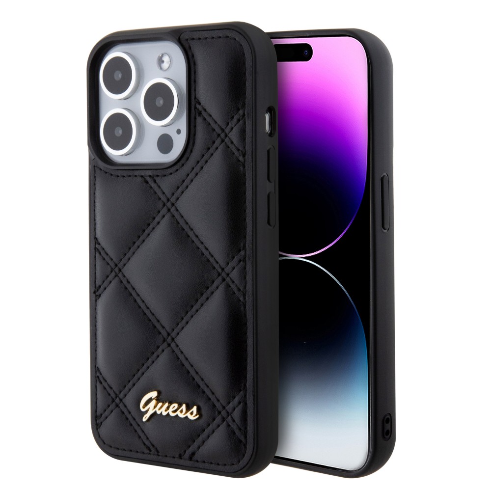 Coque iPhone 15 Pro - Guess similicuir molletonné en carreaux et logo doré métallique en relief - Noir