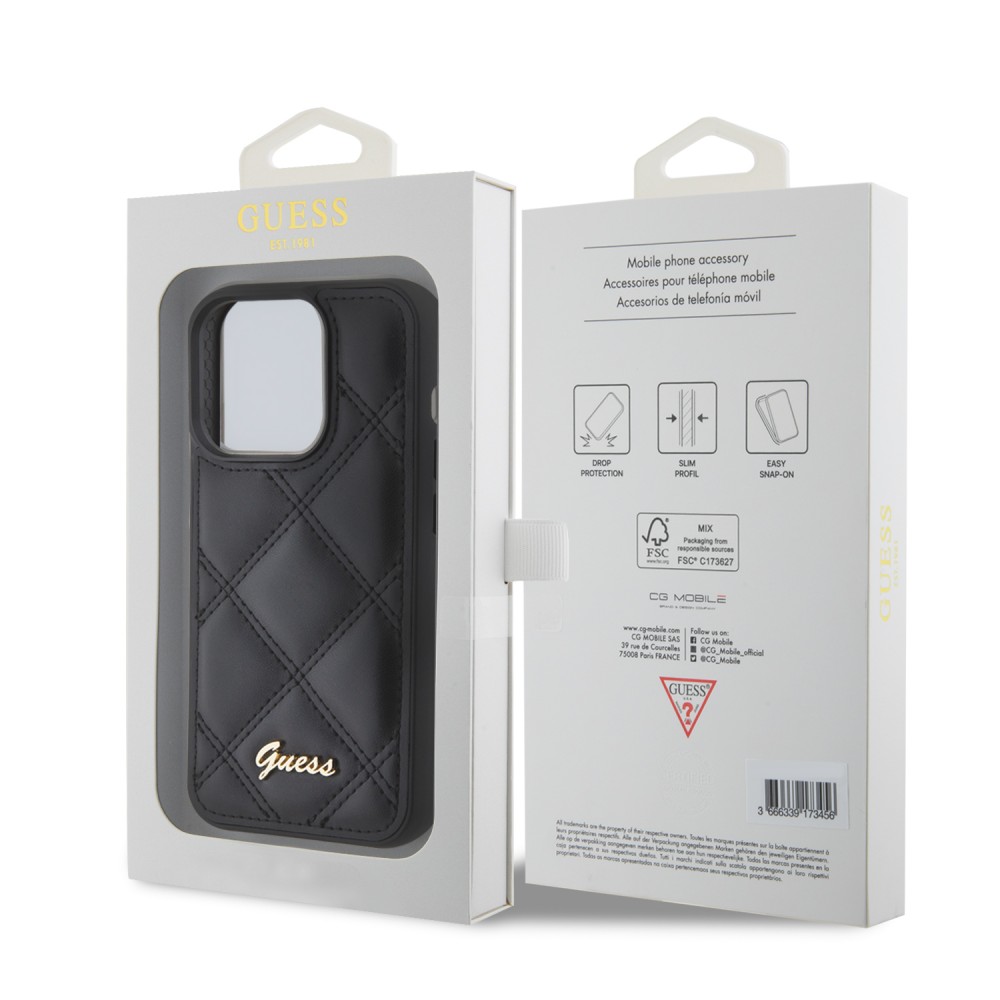 iPhone 15 Pro Case Hülle - Guess Kunstleder-Fleece in Karomuster und goldfarbener Metallic-Logoprägung - Schwarz