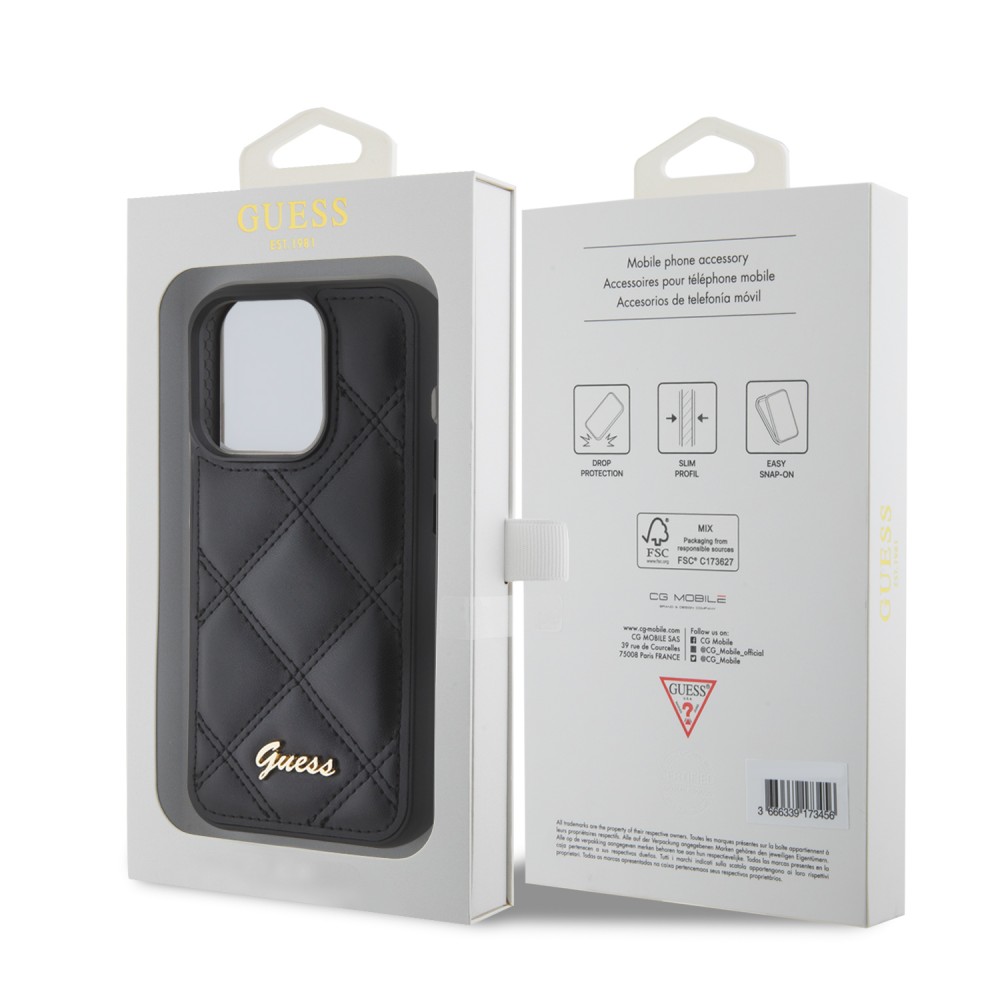 Coque iPhone 15 Pro - Guess similicuir molletonné en carreaux et logo doré métallique en relief - Noir