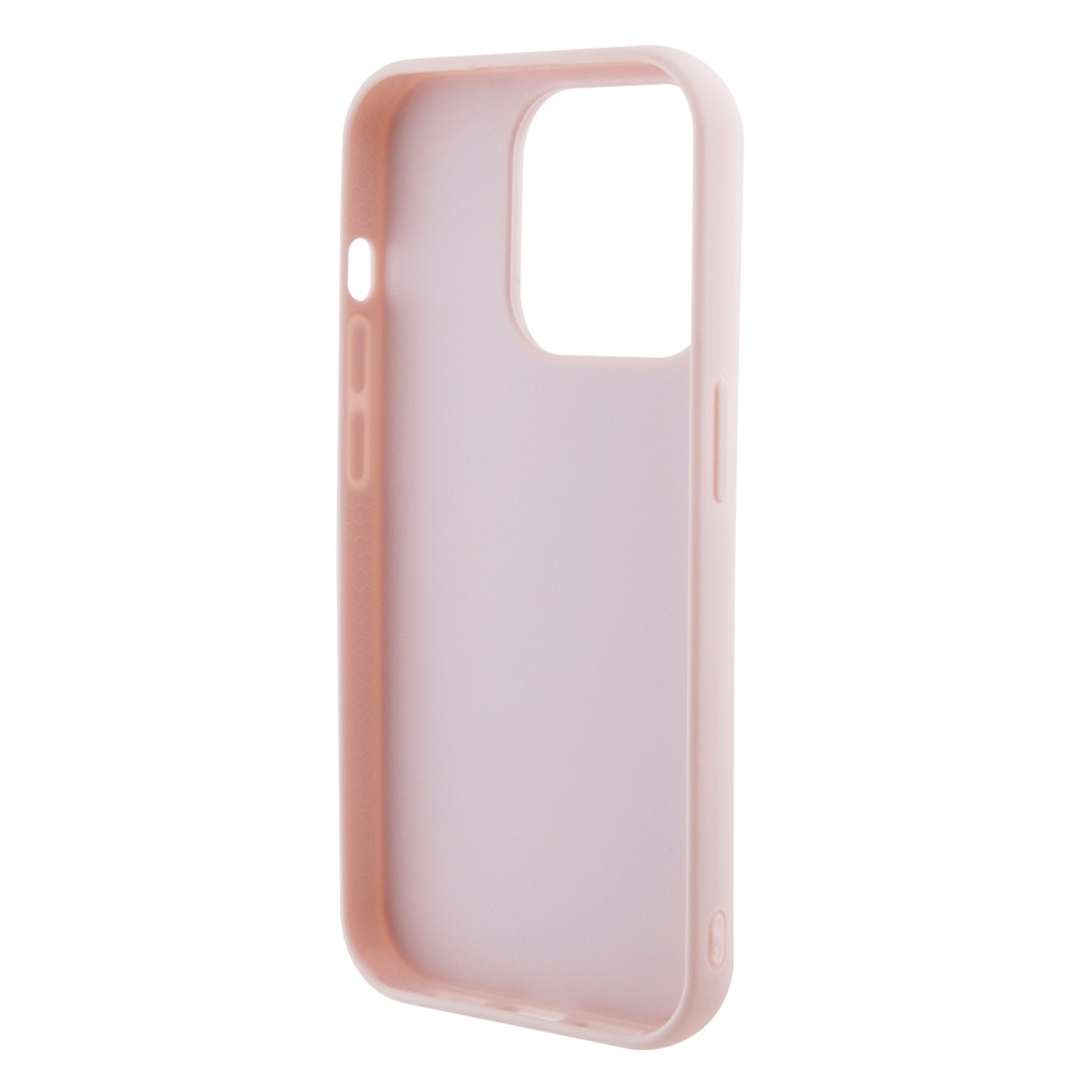 Coque iPhone 15 Pro Max - Guess similicuir molletonné en carreaux et logo doré métallique en relief - Rose clair