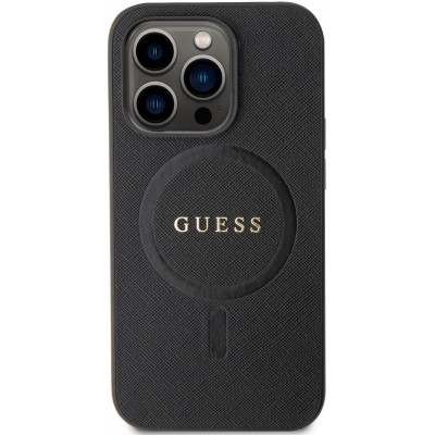 Coque iPhone 15 Pro Max - Guess similicuir saffiano logo métallique doré et MagSafe - Noir