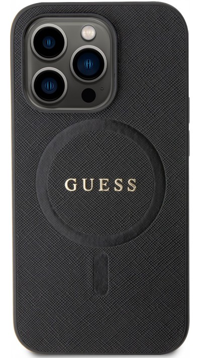 Coque iPhone 15 Pro Max - Guess similicuir saffiano logo métallique doré et MagSafe - Noir