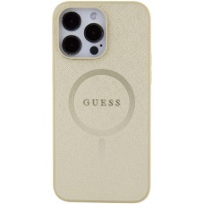 Coque iPhone 15 Pro - Guess similicuir saffiano logo métallique doré et MagSafe - Or