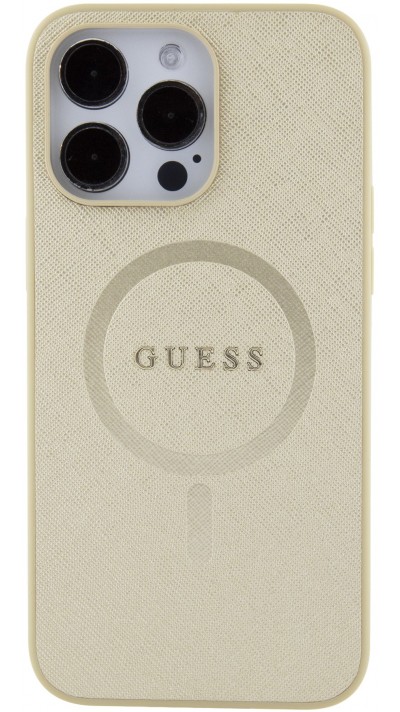 Coque iPhone 15 Pro - Guess similicuir saffiano logo métallique doré et MagSafe - Or