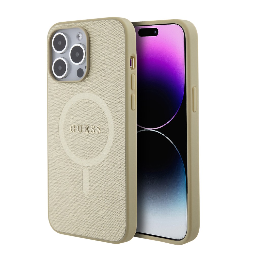 Coque iPhone 15 Pro Max - Guess similicuir saffiano logo métallique doré et MagSafe - Or