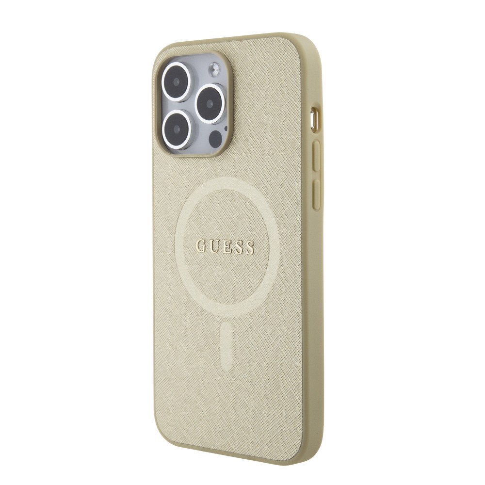 iPhone 15 Pro Case Hülle - Guess Kunstleder Saffiano Gold Metall-Logo und MagSafe - Gold