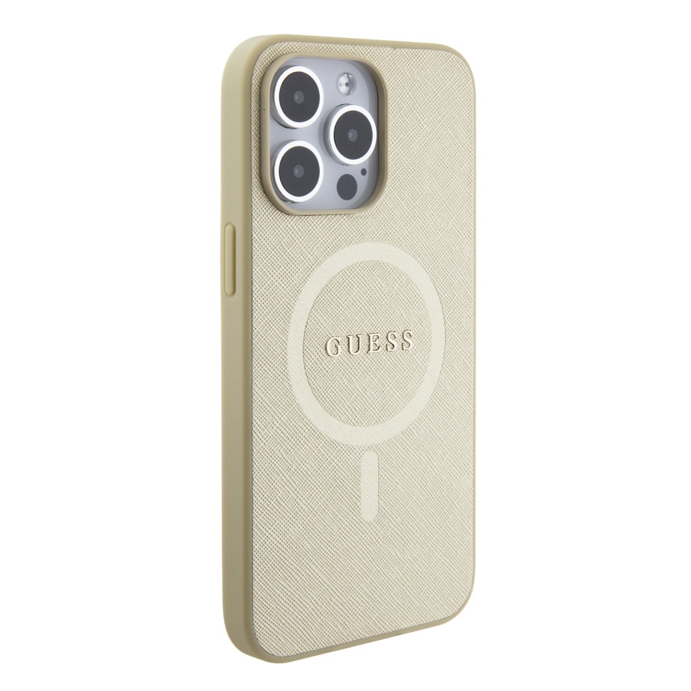 Coque iPhone 15 Pro - Guess similicuir saffiano logo métallique doré et MagSafe - Or