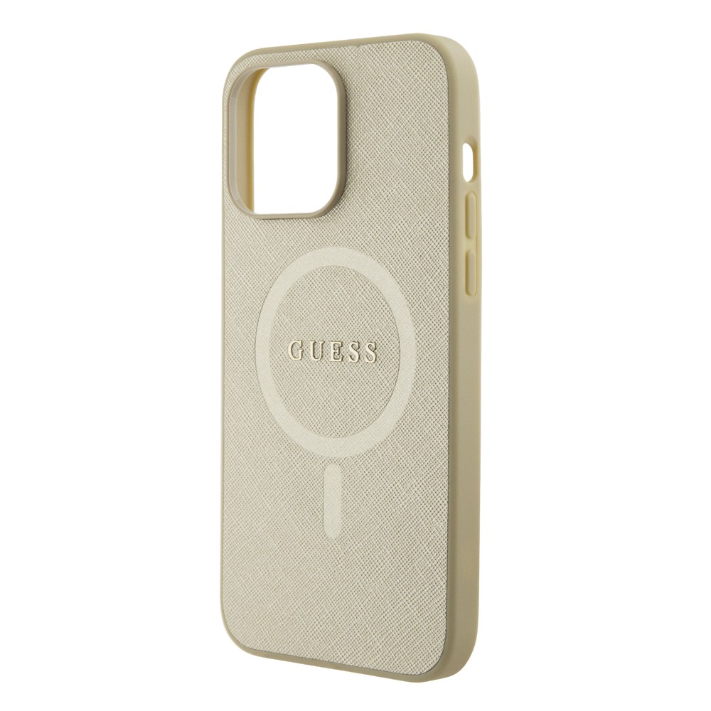 iPhone 15 Pro Case Hülle - Guess Kunstleder Saffiano Gold Metall-Logo und MagSafe - Gold