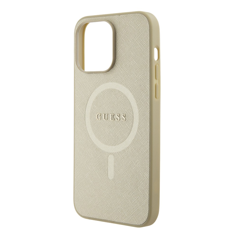 Coque iPhone 15 Pro Max - Guess similicuir saffiano logo métallique doré et MagSafe - Or