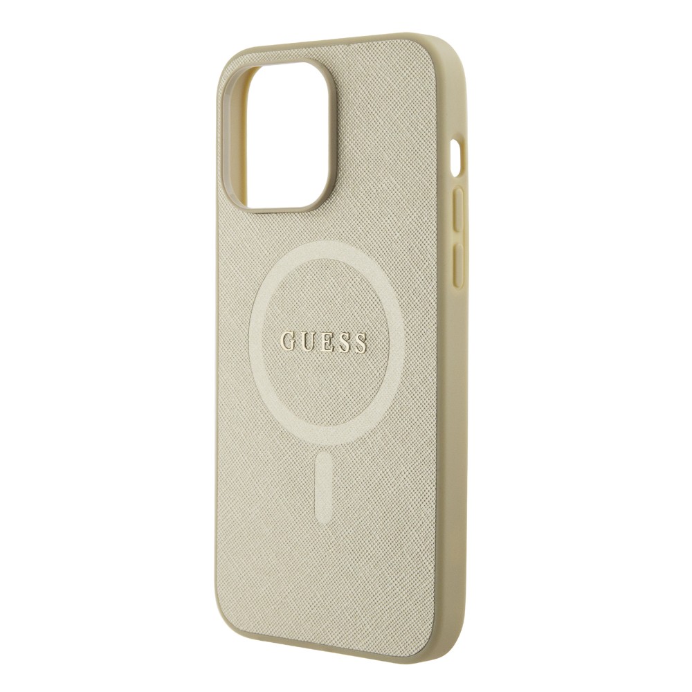 Coque iPhone 15 Pro Max - Guess similicuir saffiano logo métallique doré et MagSafe - Or