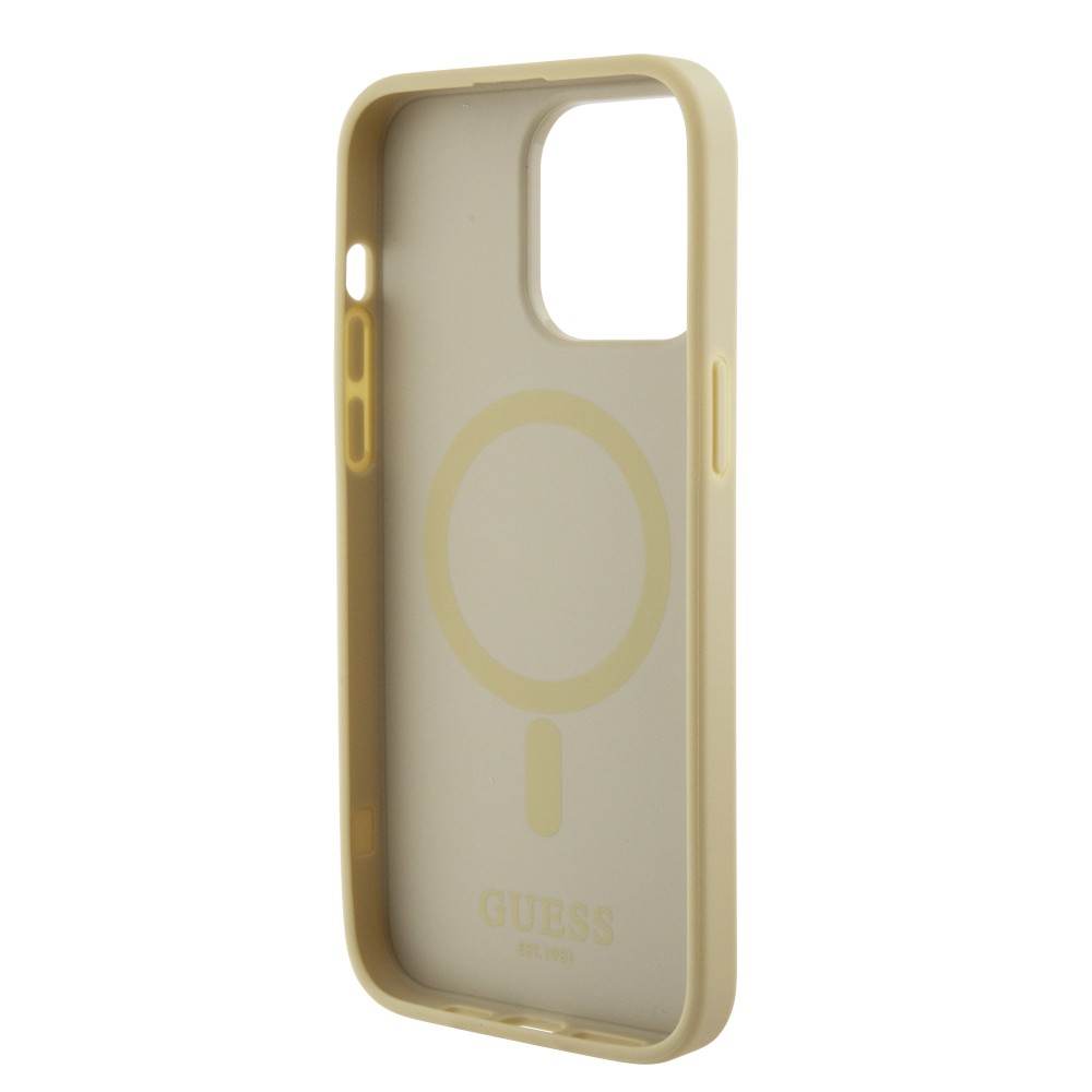 iPhone 15 Pro Case Hülle - Guess Kunstleder Saffiano Gold Metall-Logo und MagSafe - Gold