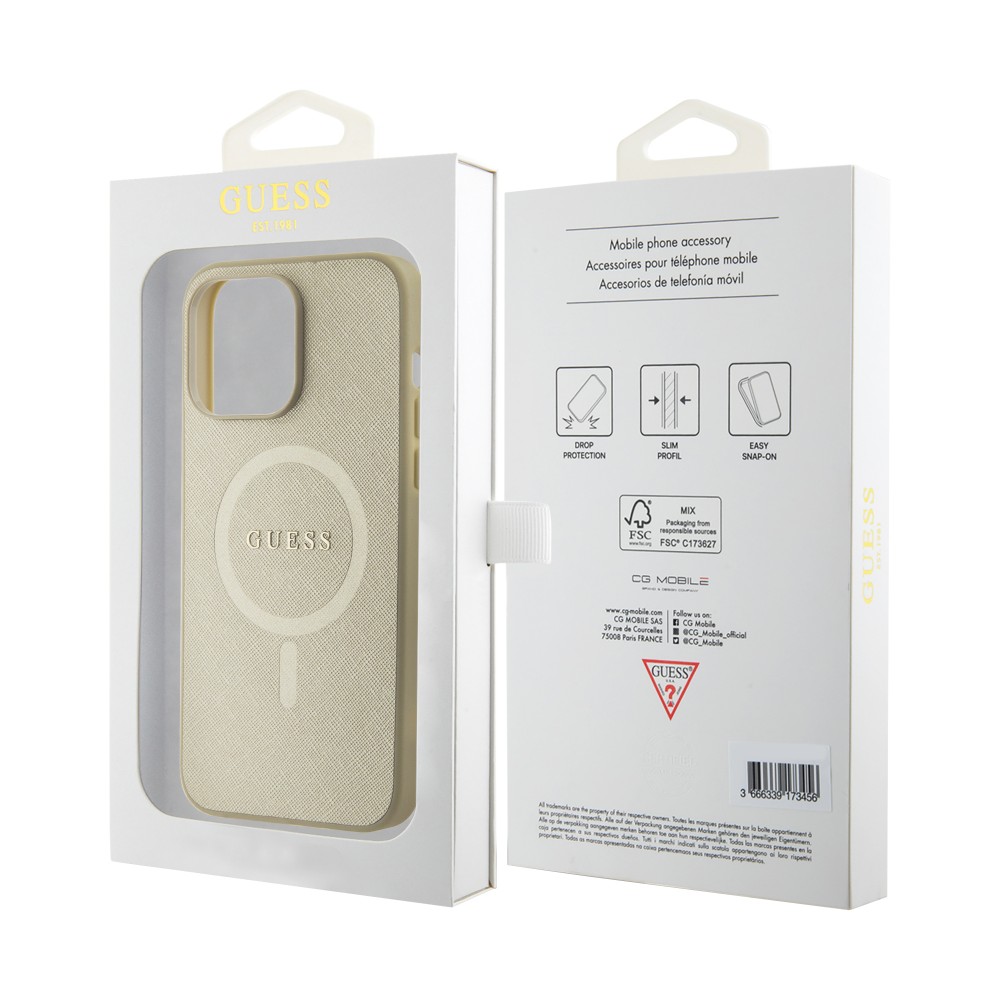 Coque iPhone 15 Pro - Guess similicuir saffiano logo métallique doré et MagSafe - Or