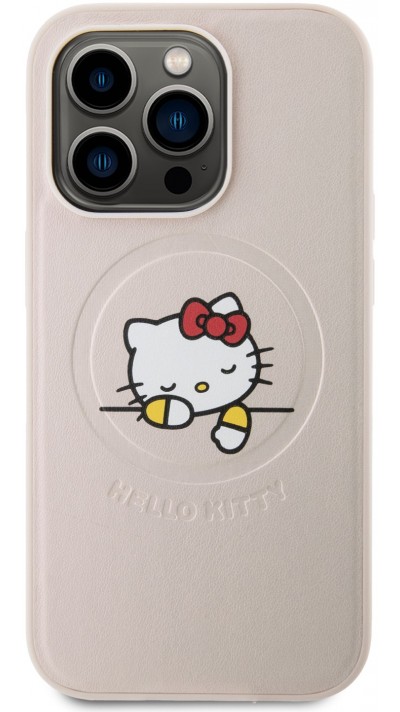 Coque iPhone 15 Pro - Hello Kitty rêveur en similicuir avec MagSafe - Rose clair