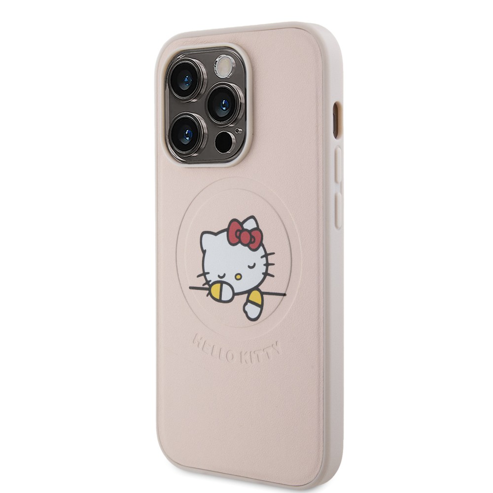 Coque iPhone 15 Pro - Hello Kitty rêveur en similicuir avec MagSafe - Rose clair