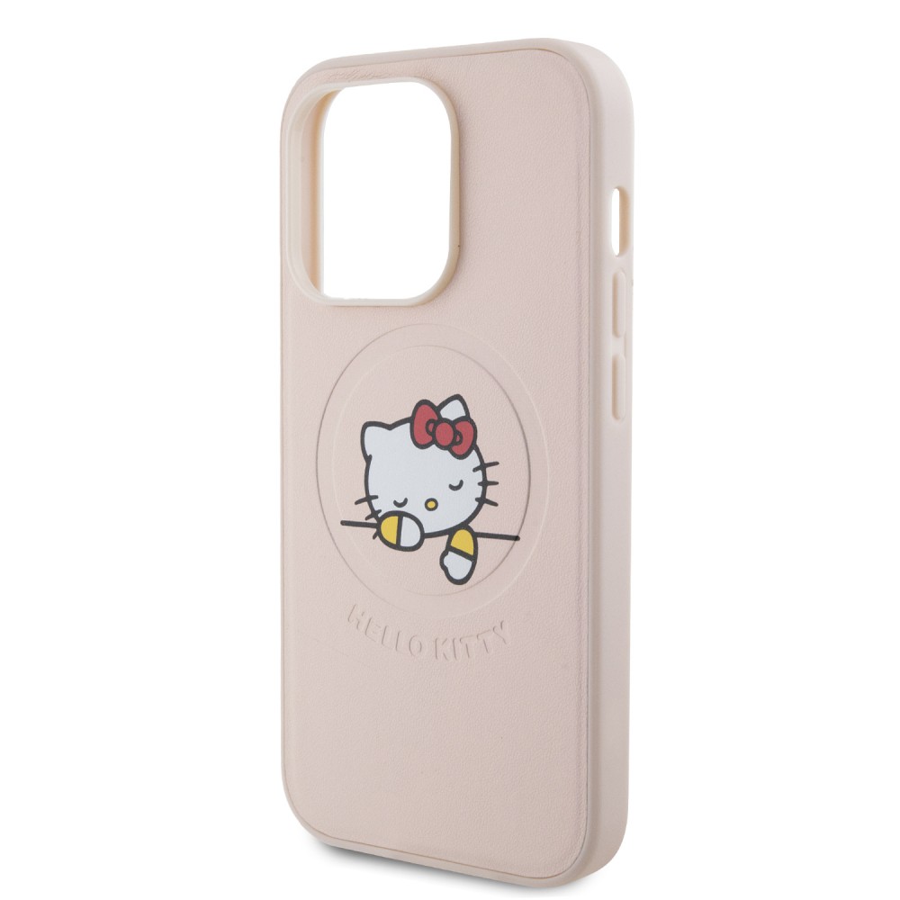 Coque iPhone 15 Pro - Hello Kitty rêveur en similicuir avec MagSafe - Rose clair