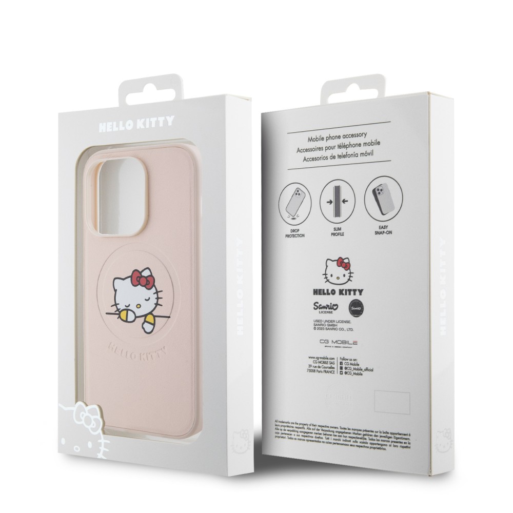 Coque iPhone 15 Pro - Hello Kitty rêveur en similicuir avec MagSafe - Rose clair