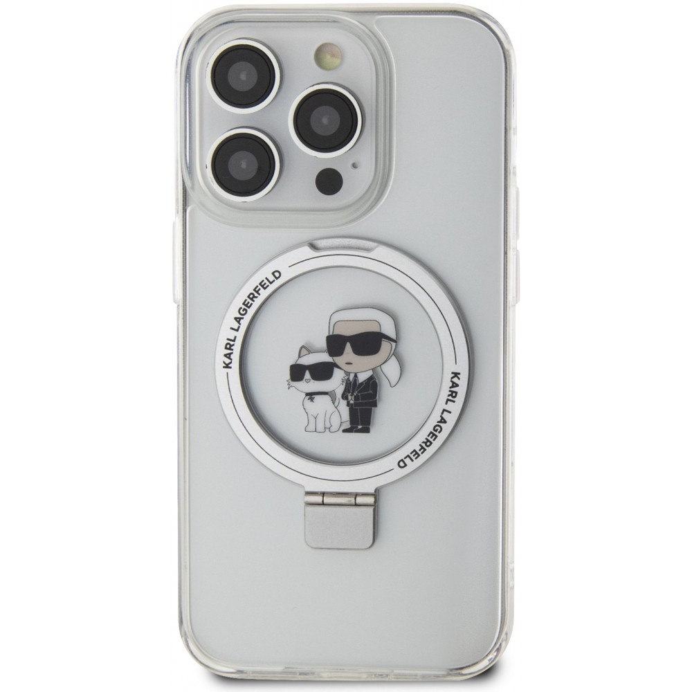 Coque iPhone 14 Pro - Karl Lagerfeld et Choupette gel laqué avec anneau métallique de support amovible intégré et Magsafe - Transparent