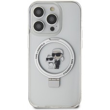 Coque iPhone 15 Pro - Karl Lagerfeld et Choupette gel laqué avec anneau métallique de support amovible intégré et Magsafe - Transparent
