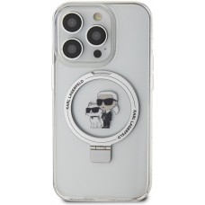 Coque iPhone 14 Pro - Karl Lagerfeld et Choupette gel laqué avec anneau métallique de support amovible intégré et Magsafe - Transparent