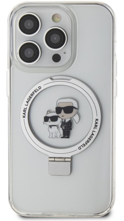 Coque iPhone 15 Pro Max - Karl Lagerfeld et Choupette gel laqué avec anneau métallique de support amovible intégré et Magsafe - Transparent