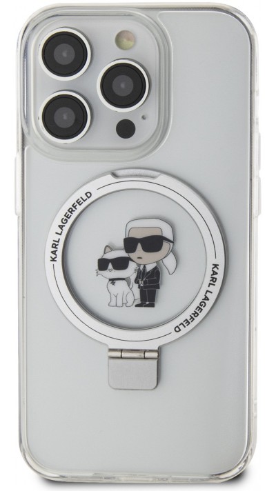 iPhone 14 Pro Max Case Hülle - Karl Lagerfeld und Choupette Gel lackiert mit integriertem, abnehmbarem Metallstützring und Magsafe - Transparent