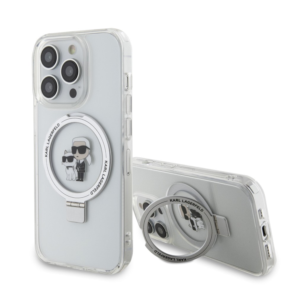 Coque iPhone 14 Pro - Karl Lagerfeld et Choupette gel laqué avec anneau métallique de support amovible intégré et Magsafe - Transparent