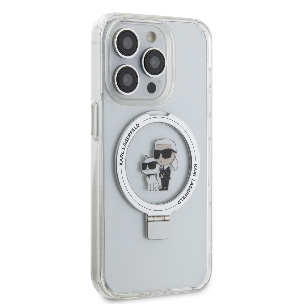 Coque iPhone 14 Pro - Karl Lagerfeld et Choupette gel laqué avec anneau métallique de support amovible intégré et Magsafe - Transparent