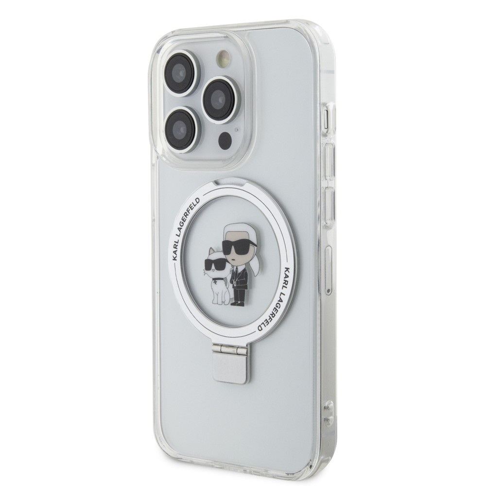 Coque iPhone 14 Pro - Karl Lagerfeld et Choupette gel laqué avec anneau métallique de support amovible intégré et Magsafe - Transparent