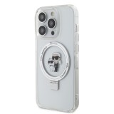 Coque iPhone 15 Pro Max - Karl Lagerfeld et Choupette gel laqué avec anneau métallique de support amovible intégré et Magsafe - Transparent