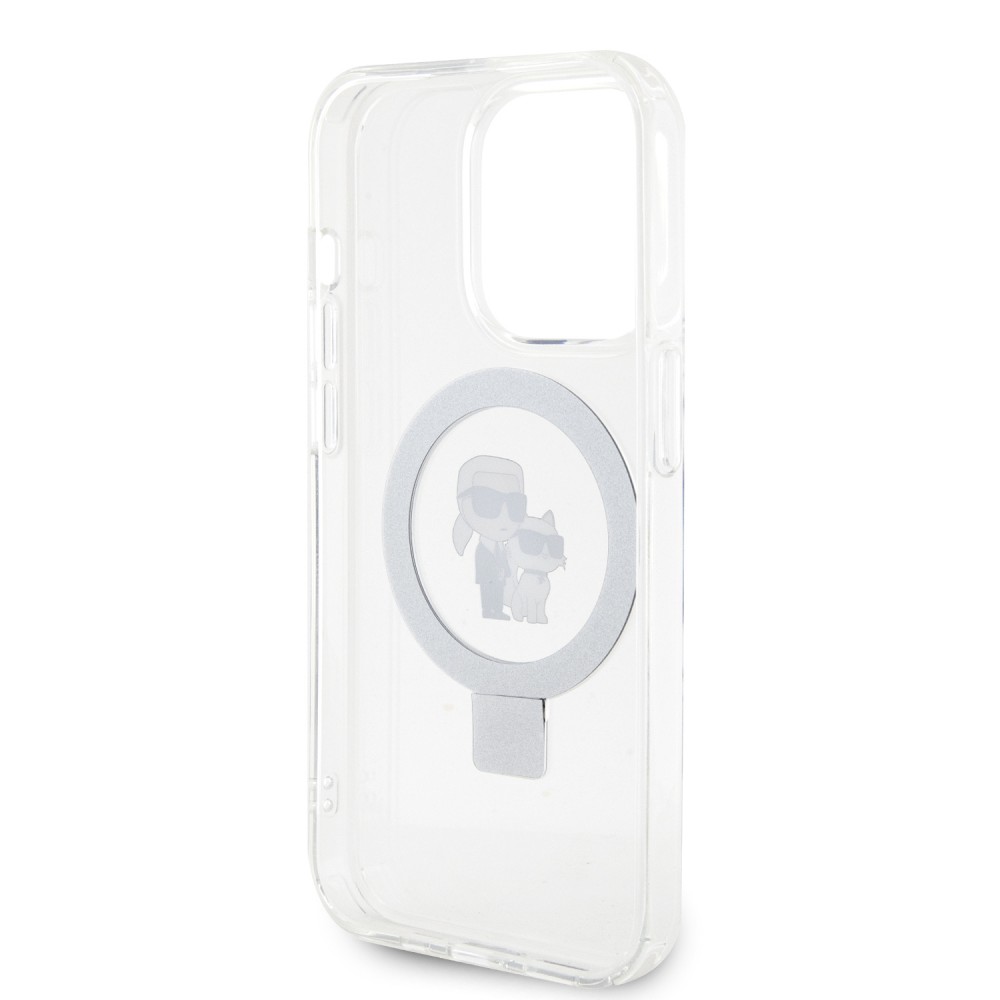 Coque iPhone 15 Pro Max - Karl Lagerfeld et Choupette gel laqué avec anneau métallique de support amovible intégré et Magsafe - Transparent