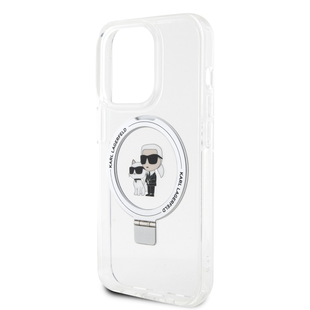 Coque iPhone 14 Pro - Karl Lagerfeld et Choupette gel laqué avec anneau métallique de support amovible intégré et Magsafe - Transparent