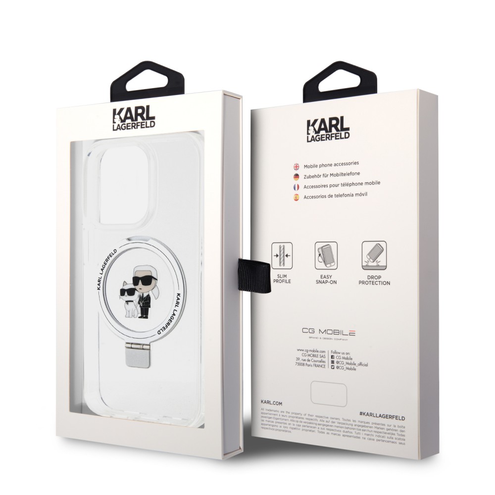 Coque iPhone 14 Pro - Karl Lagerfeld et Choupette gel laqué avec anneau métallique de support amovible intégré et Magsafe - Transparent
