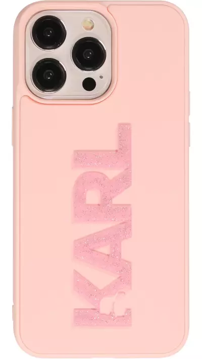 Coque iPhone 15 Pro Max - Karl Lagerfeld silicone mat avec logo 3D pailleté - Rose