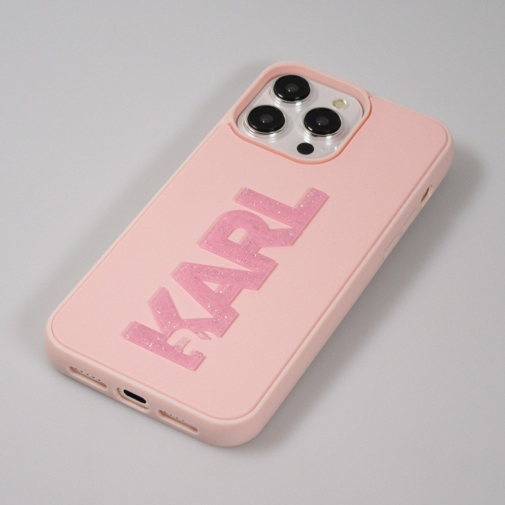 Coque iPhone 15 Pro Max - Karl Lagerfeld silicone mat avec logo 3D pailleté - Rose