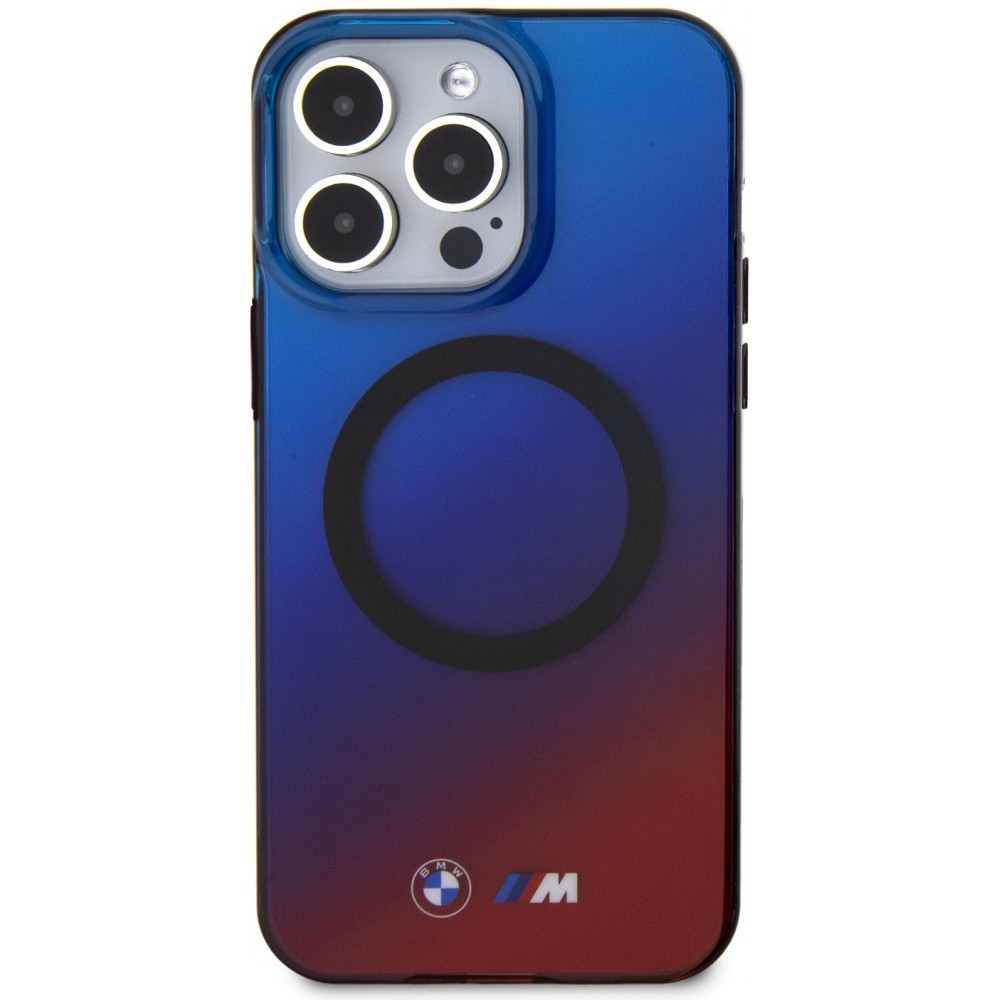 Coque iPhone 15 Pro - BMW M silicone rigide dégradé bleu à rouge transparent avec MagSafe - Transparent